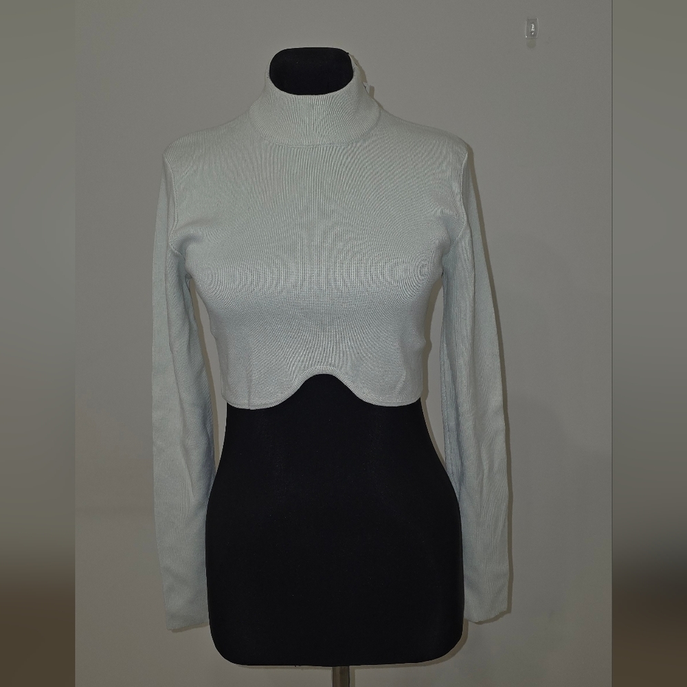 NWT Zara Scalloped Edge Light Green Mint long sleeve knit cropped Knit Sweater M